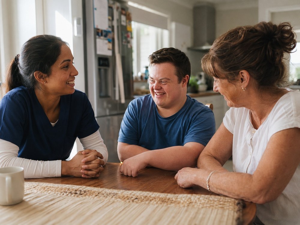 A community nurse checking in with a participant at their kitchen table