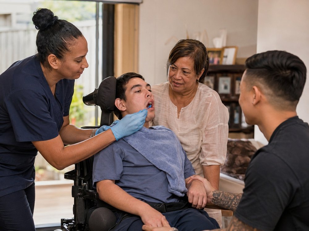 A Registered Nurse preparing clinical supports for a participant in their home