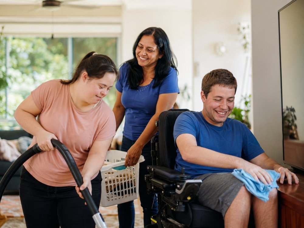 A support worker and participant hanging out washing together in a sunny backyard