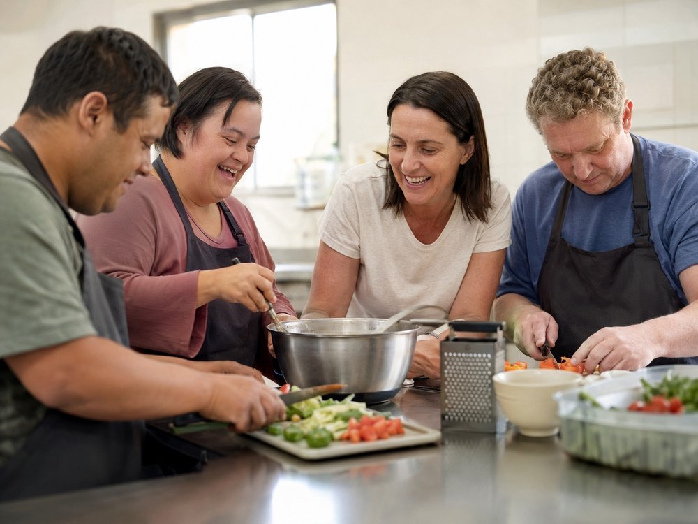 A support worker teaching a participant to cook a favourite recipe in their kitchen