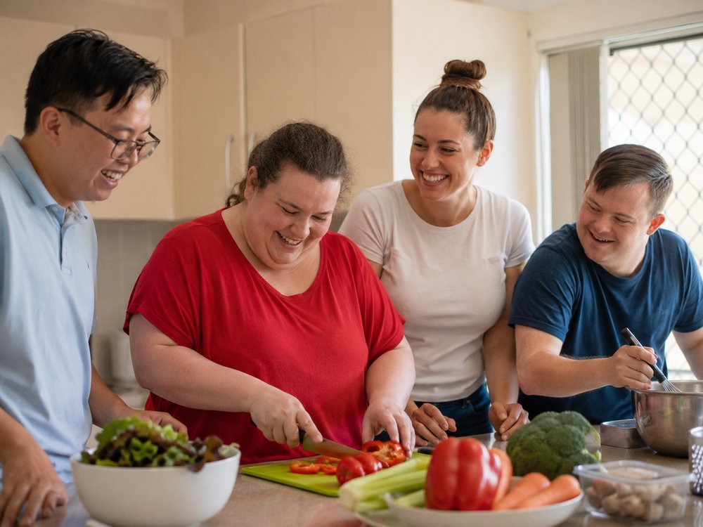 A participant and support worker preparing a meal together in a shared home